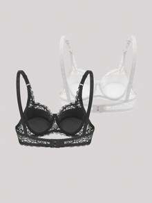 Hourtrue 2 Packs Floral Lace Underwire Lingerie Bra Setfor Summerfor Summer - Black and White - View 2
