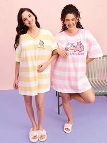 LUVLETTE Scooby-Doo Plus Size Women's Cotton Striped Nightgown Pink White Sleep Dress With Fun Cartoon Print Comfy Loungewear Graphic - Pink - View 7