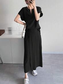 DAZY Women's Solid Color Minimalist Casual Basic Notch V-Neck Top And Tie-Up Maxi Skirt 2 Pieces Set Summer Lounge Sets Brunch Black - Black - View 3