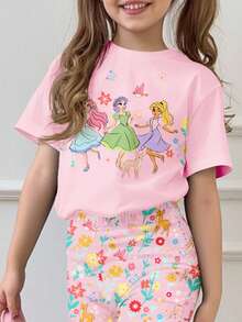 Pale Pink, Twirl Into Spring & Summer, Sweet Cute Princess, Bohemian Floral, Little Deer Pattern Print, Floral, Tween Girl Casual Comfortable Loose Crew Neck Short Sleeve T-Shirt & Slim Casual Flare Pants, Suitable For Spring & Summer Daily Wear - White - View 4