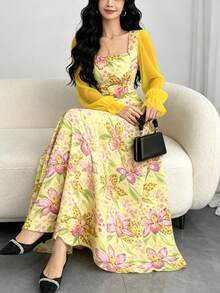 Modelyn Orchid Floral Textured Pattern Light Yellow French Style Romantic Dress, Women's Fashion Square Neck Lantern Sleeve Elegant Autumn Long Dress - Multicolor - View 3