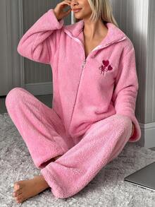SHEIN Heart Embroidery Zip Up Teddy Fleece Lounge Set - Pink - View 3