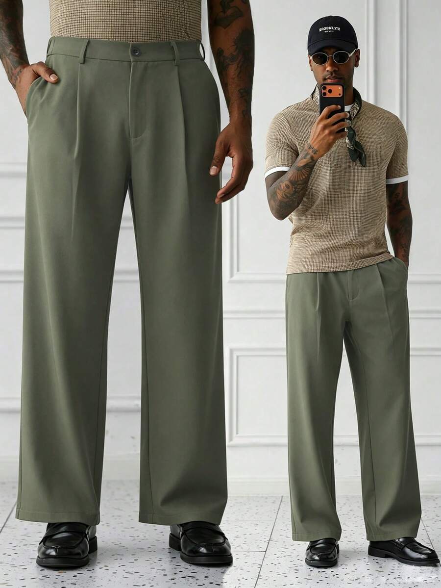 HUEFORM Pantalones largos de pierna recta casuales para ir al trabajo en primavera/verano para hombres - Verde Niebla - Ver 1