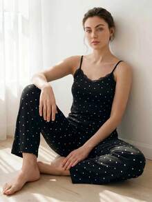 Liftille Conjunto de pijama de camiseta de tirantes y pantalones cortos con estampado de corazón tejido para mujer, sexy y apto para uso exterior, para todas las estaciones - Negro - Ver 4