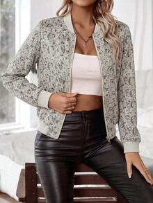 SHEIN LUNE Vintage Printed Baseball Collar Zipper Ribbed Hem Short Flight Jacket - Apricot - View 4