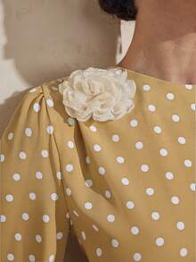 Graceveil Waist-Cinched Tie-Up Polka Dot 3D Floral Decor Elastic Sleeve Full Skirt Arabian Dress - Camel - View 6
