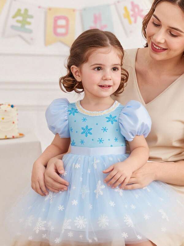 SHEIN Baby Girl Princess Dress, Blue Tulle Dress, Snowflake Print Tulle Dress, Puff Sleeves, Snowflake Knit Fabric Print, Birthday Party, Back To School
