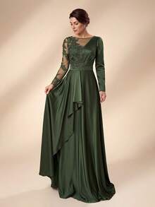 Serin Elegante y glamuroso vestido de gala con apliques de encaje bordado, mangas transparentes y falda completa, vestidos de noche para bodas, fiestas de graduación, festivales y fiestas de novias - Verde militar - Ver 4