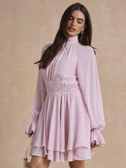 Enchnt Premium Pre-Fall Romantic Women's Elegant Pink Lace Patchwork French Style Short Dress,Social Outfits,Travel Clothes,Work Outfit,Back To School