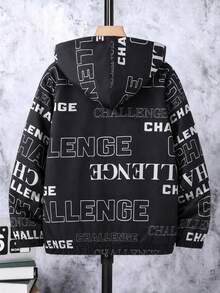 SHEIN 青少年女孩字母印花長袖拉鍊休閒連帽外套 - 黑與白 - 查看 2