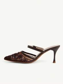 CUCCOO CHICEST Women Shoe Spring And Summer New Models, Mesh Embroidery Pointed Mueller Sandals, Buckle Thin Heels And Half-Drag High Heels, Retro Light And Familiar - Brown - View 6