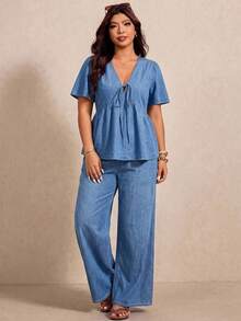 Elaquor Plus Size Women's Front Tie Short Sleeve Top And Pants Casual Denim Two Pieces Set - White - View 5