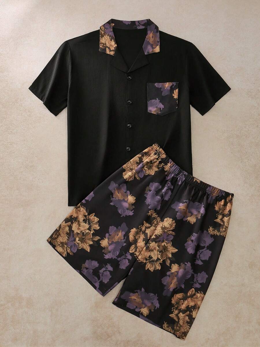 EverLounge Summer Men's Fashion Printed Lapel Open Front Loungewear Set, Short Sleeve Top And Shorts 2 Pieces Set - Black - View 1