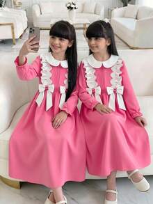 青少年女孩蕾絲拼接蝴蝶結裝飾甜美洋裝 - 粉色 - 查看 2