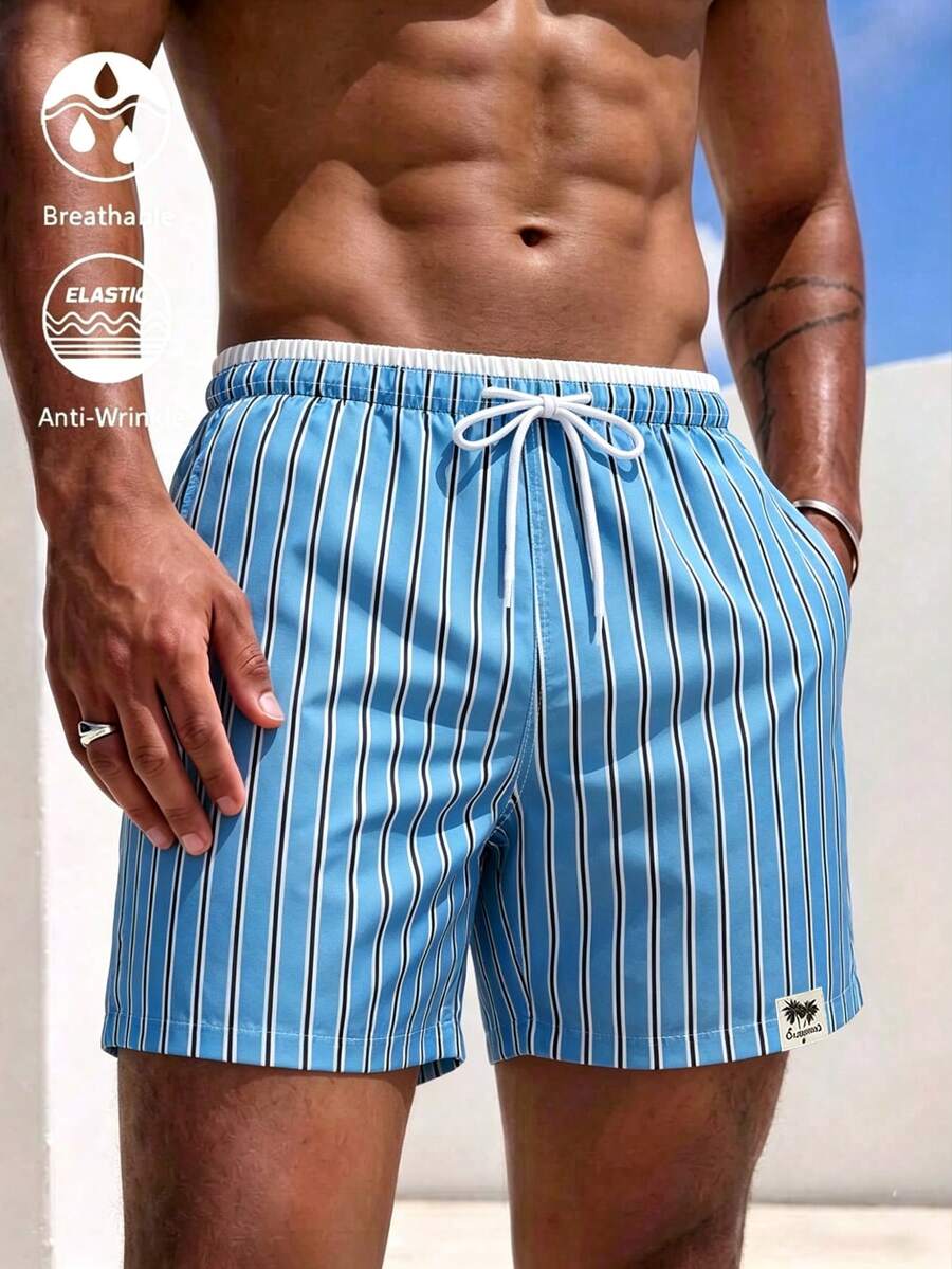 Palasendo Pantalones cortos de playa con rayas y cintura con cordón para hombres para vacaciones - Multicolor - Ver 1