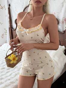 CottageSlumber Women's Plaid Lemon Print Ruffle Trim Spaghetti Strap Backless Lace Patchwork Jumpsuit Nightwear - Multicolor - View 3