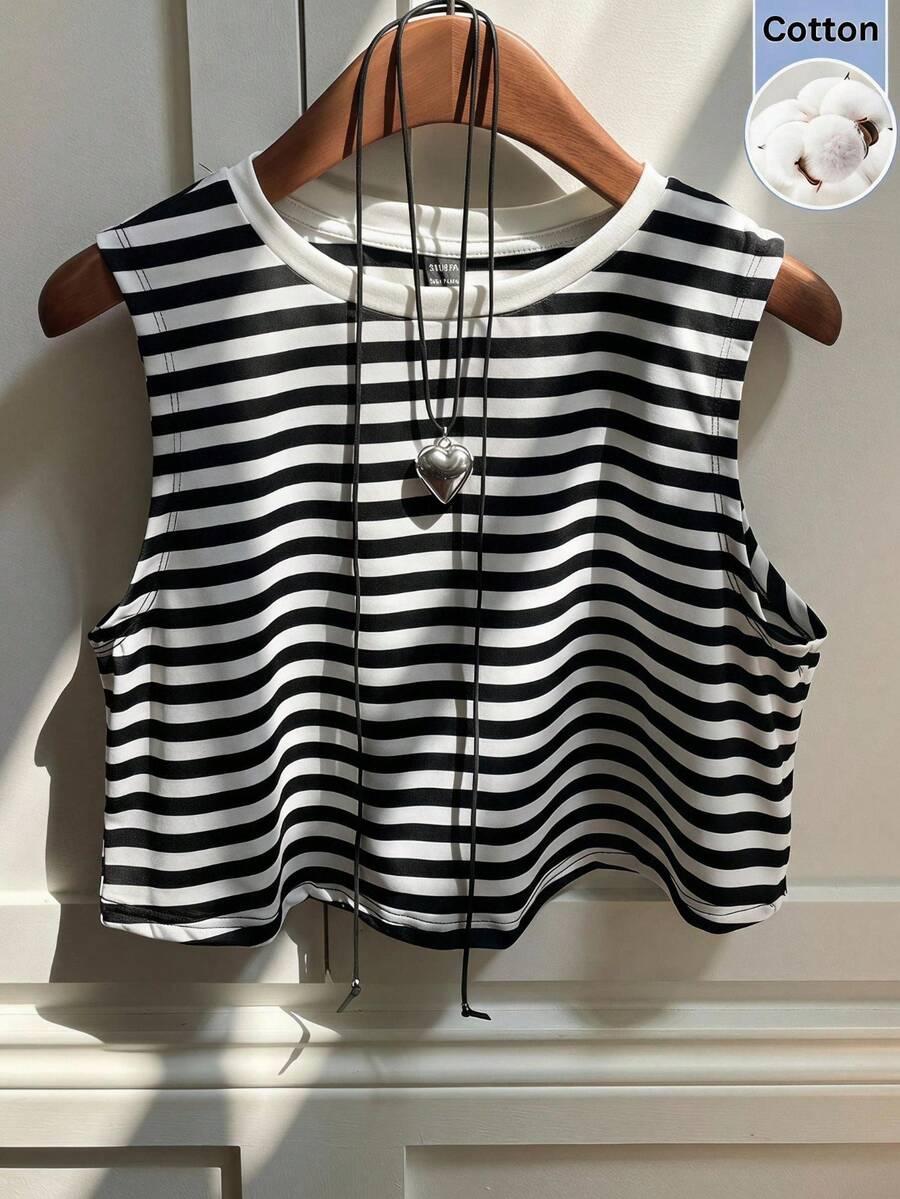 SHEIN EZwear 黑白格紋拼色短版圓領針織背心 度假夏季休閒海濱風