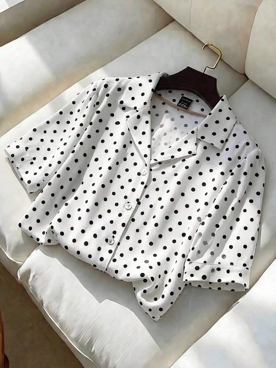 Franclia Women's Striped Lapel Short Sleeve Casual Shirt - White - View 1