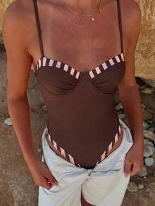 Bonvoyette Women's Sexy Tropical Elegant Underwire Molded Cup Push Up Striped Print Backless One-Piece Swimsuit Party Vacation Brown Stripe Summer - Brown - View 3