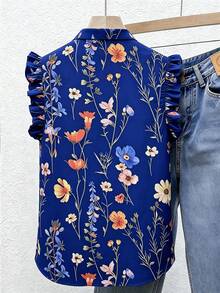 SHEIN Franclia 法式復古花卉印花單排扣荷葉邊飾襯衫，適合戶外活動與生日慶祝 - 寶藍色 - 查看 2