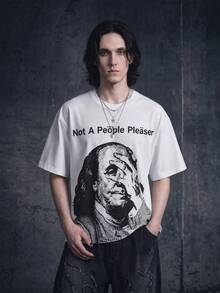 Vyqestra Men's Letter & Figure Print Round Neck Short Sleeve T-Shirt - White - View 1