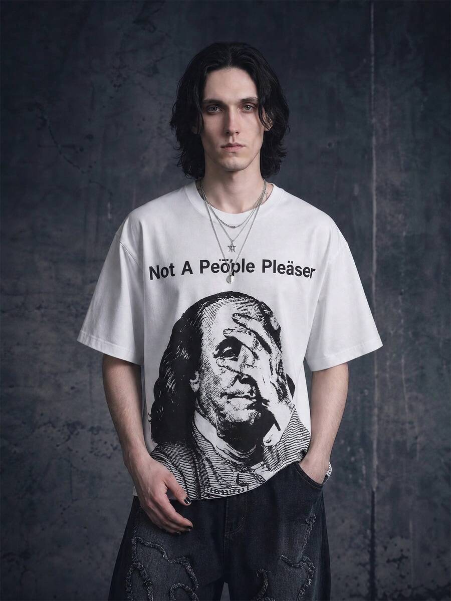 Vyqestra Men's Letter & Figure Print Round Neck Short Sleeve T-Shirt - White - View 1