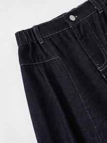 SHEIN 女童秋季棉質水洗深藍色牛仔長褲，時尚休閒百搭，舒適柔軟，鬆弛設計，鬆款版型，鬆緊腰 - 藍色 - 查看 6