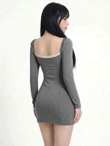 Sweetina Gaun Mini Lengan Panjang Seksi dengan Hiasan Renda - Grey - View 2