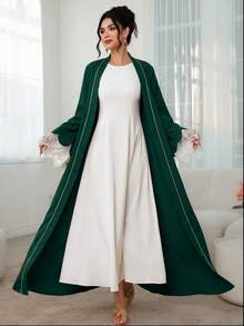 Al Najma Contrast Color Placket With Petal Decoration, Contrast Lace, Holiday Wear Arabic Long Robe - Dark Green - View 7