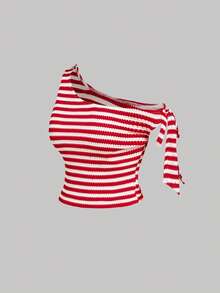 SHEIN MOD Plus Size Women's Red And White Asymmetrical Shoulder Ribbed Knit Top With Tie Cuffs, Summer, Brunch, Casual Sexy, Elegant, Formal, Vacation - Red and White - View 4