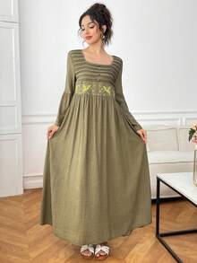 Yasmyna 女款刺繡百褶紋理阿拉伯傳統長裙 優雅 - 綠色 - 查看 5