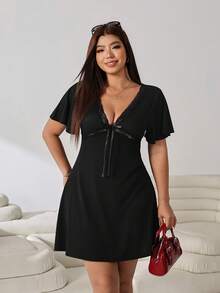 Solflare Black Casual Elegant Plus Size Women's Contrast Lace Bow Decor Short Sleeve Dress Evening Summer - Black - View 5