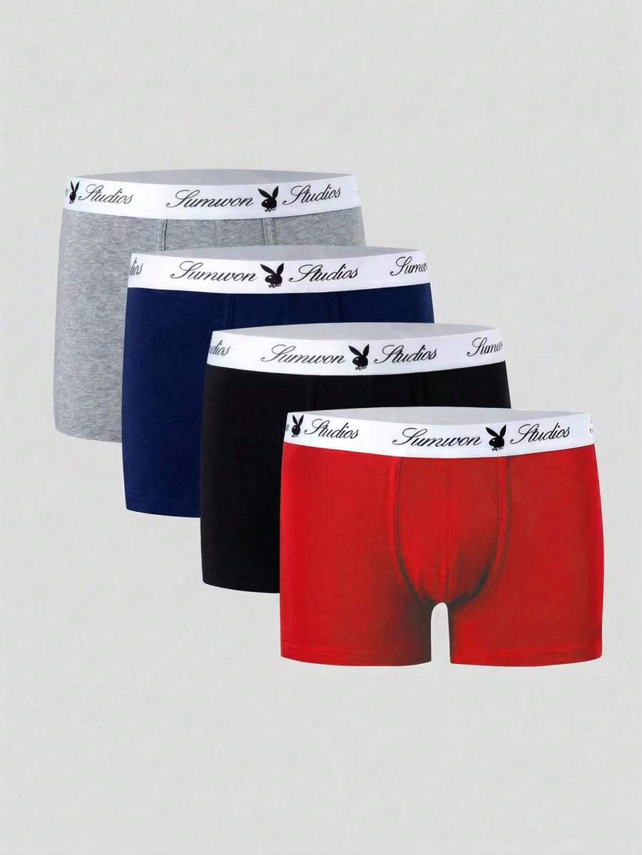 PLAYBOY X SUMWON 4 Pack Studios Logo Waistband Trunk Multipack Everyday Comfort Underwear - Red - View 1