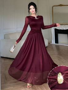 Modelyn Elegant Women's Banquet Dress With Design-Driven Solid Color Mesh, Metal Buckle Decoration, Pleated Slimming Long Sleeve And Flared Hem - Burgundy - View 3