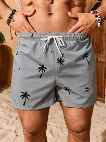 Manfinity KASUA Pantalones cortos de playa de verano con cordón y estampado de palmeras casual para hombres - Gris - Ver 3