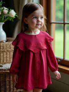 SHEIN Vintaside Kids Vestido de princesa branco estilo vintage para bebê menina, com gola Peter Pan, mangas compridas e modelagem solta, ideal para primavera/outono. - Borgonha - Ver 5