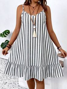 Weeklong Plus Size Women's Striped Casual Daily Wear Spaghetti Strap Dress - Grey - View 6