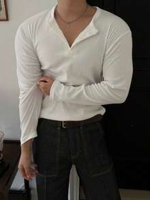 DAZY Men's White Ribbed Fabric Long Sleeve Crew Neck Half-Button Solid Color T-Shirt - White - View 1