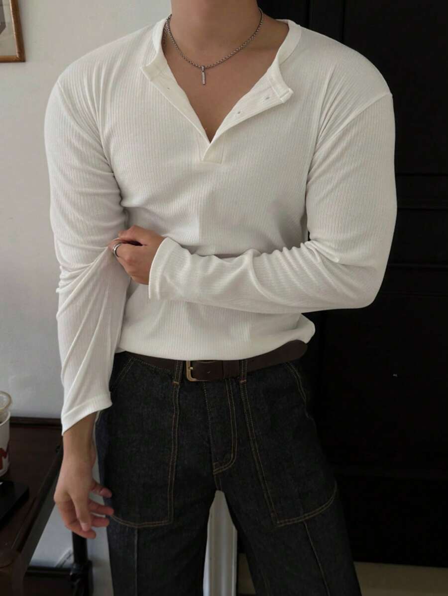 DAZY Men's White Ribbed Fabric Long Sleeve Crew Neck Half-Button Solid Color T-Shirt - White - View 1