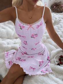 CottageSlumber Gaun Tidur Wanita Model Cami dengan Hiasan Pita Bunga Renda dan Punggung V - Baby Pink - View 4