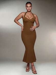 Nuvra Plus Size Women Camel Lace Trim Halter Neck Mermaid Dress Cocktail Party Summer Elegant Sexy - Brown - View 5
