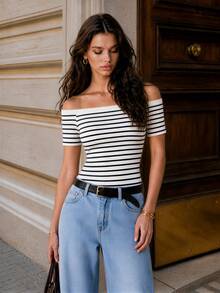 SHEIN Unity レディース ブラック&ホワイト ストライプ オフショルダー 半袖 フレンチ エレガント 高級感 通勤 スリムフィット ニットトップス 夏新作 - ブラック&ホワイト - チェックする 1
