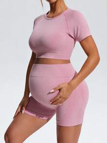 SHEIN 孕婦純色插肩袖短袖T恤與短褲套裝 - 粉色 - 查看 7