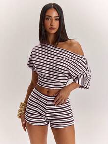 SHEIN BAE 女款棕色條紋不對稱領上衣與短褲套裝 - 巧克力棕 - 查看 4