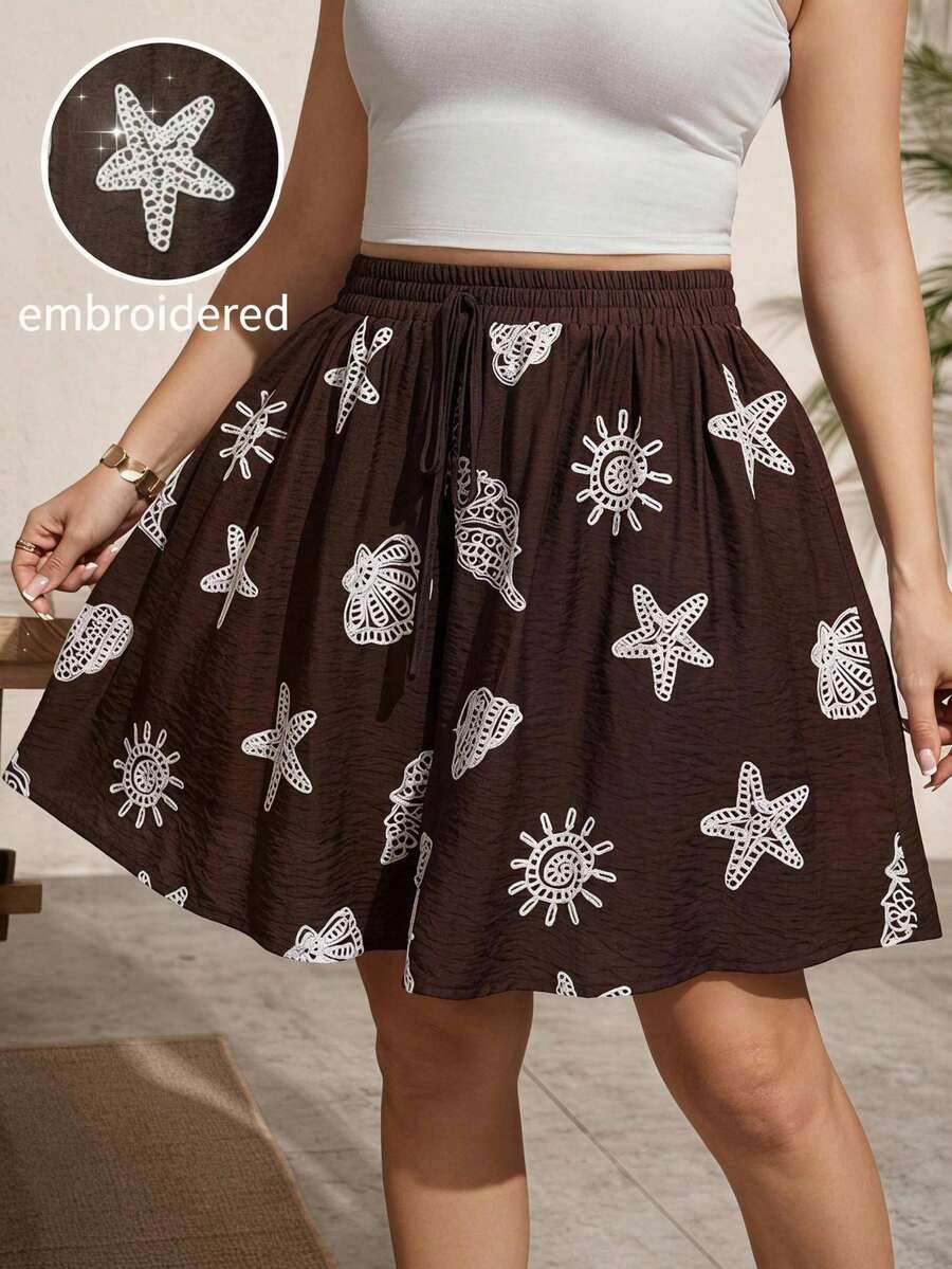 Comfylo 女款休閒棕色手繪花卉布料繫帶寬鬆短褲 - 棕色 - 查看 1