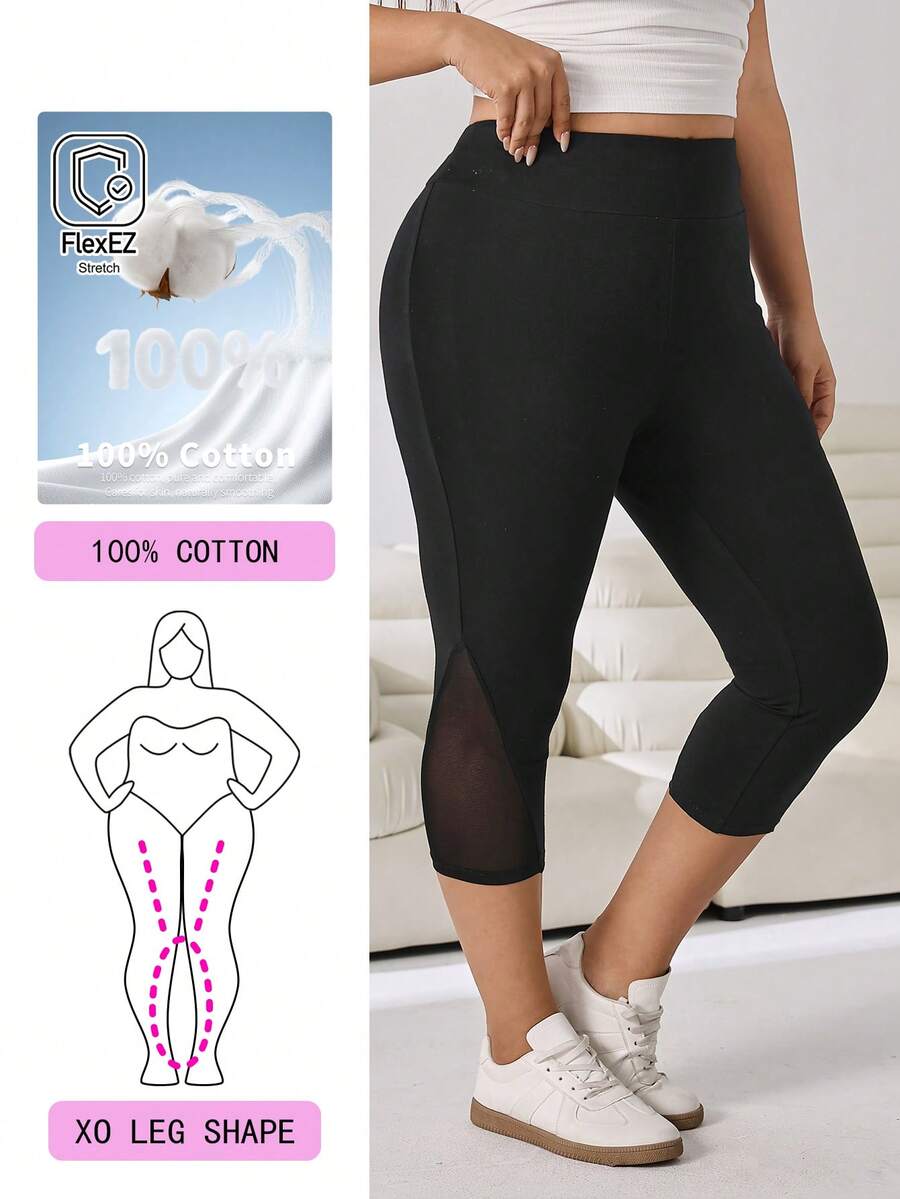Solflare Plus size enfärgade leggings med meshpatchwork - Svart - Visa 1