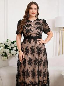 Reflora Plus Size Lace Patchwork Round Neck Elegant Short Sleeve Dress - Black - View 2