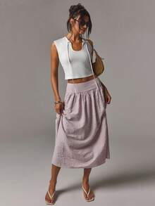Athîral Falda casual holgada de unicolor para mujer, falda casual de uso diario para mujer, atuendo para citas y fiestas - Rosa - Ver 4
