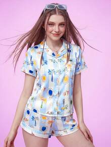 Provexi Provexi Women's Comfortable Cool Summer Short Sleeve Satin 2 Pieces Lounge Set - Blue and White - View 7