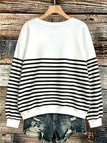 EMERY ROSE Plus-Size Women's Casual Striped Crew Neck Long-Sleeved Sweatshirt With Heart Embroidery, Autumn/Win - Multicolor - View 2